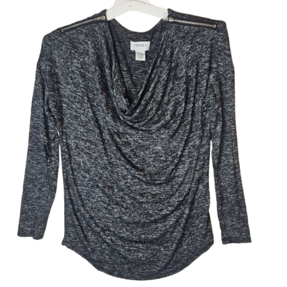 Carmen Marc Valvo Cowl Neck Stretch Knit Sweater Dark Academia Boho Chic Gray S
